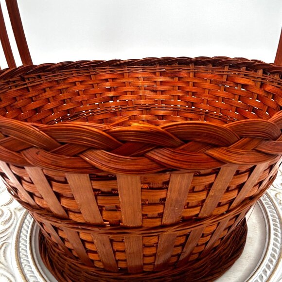 Large Rich Deep Brown Woven Rattan Basket With Braided Rim for Storage Or Decor - Picture 5 of 9